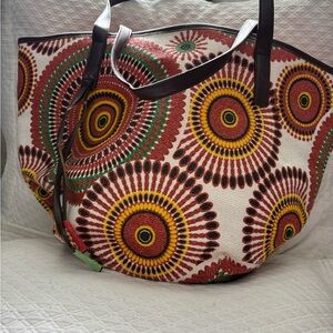 Neiman Marcus Shoulder Tote Bag round colorful burst pattern Boho